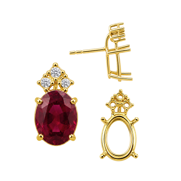 Oval Four Prong Basket Earrings with 3 Accents with Push Post