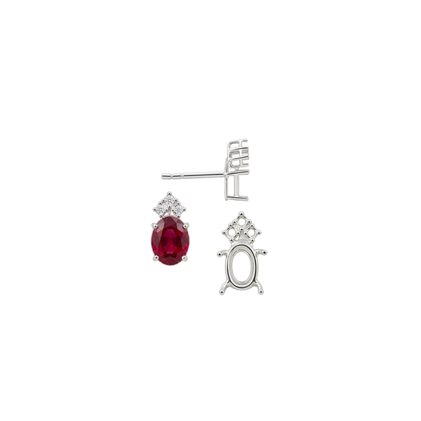 Oval Four Prong Basket Earrings with 3 Accents with Push Post