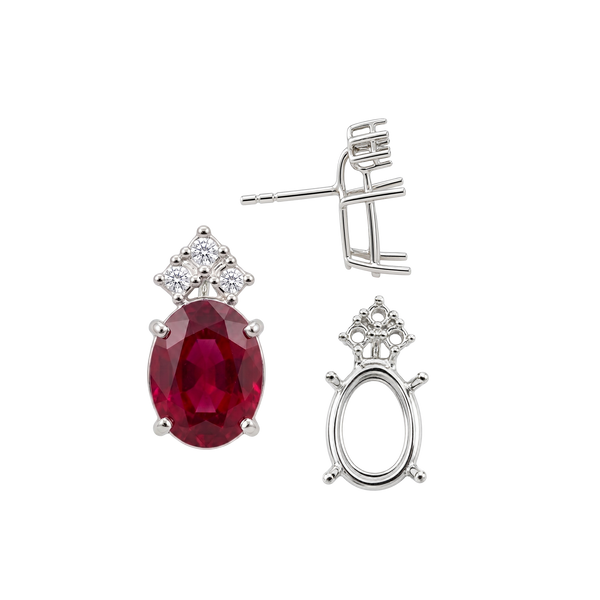 Oval Four Prong Basket Earrings with 3 Accents with Push Post