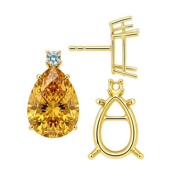 Pear Shape Four Prong Basket Earrings with One Accent with Push Post