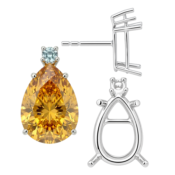Pear Shape Four Prong Basket Earrings with One Accent with Push Post