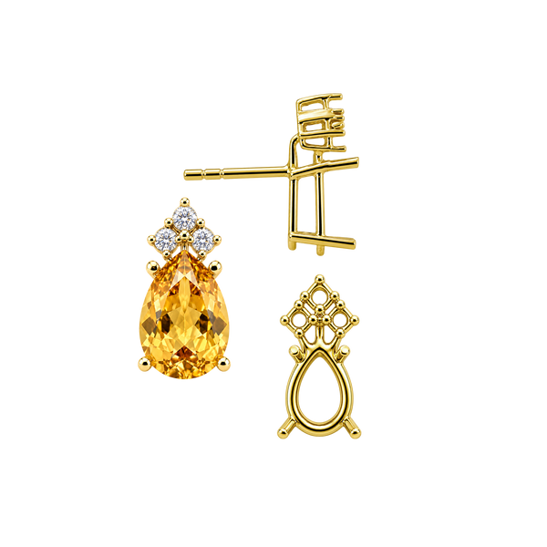 Pear Shape Four Prong Basket Earrings with 3 Accents with Push Post