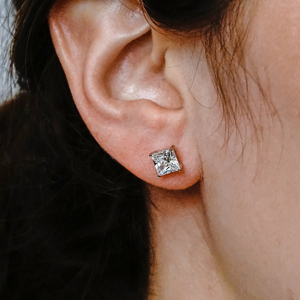 Square Four Prong Earrings with Flat Side Wire and CZ