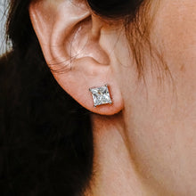Load image into Gallery viewer, Square Four Prong Earrings with Flat Side Wire and CZ
