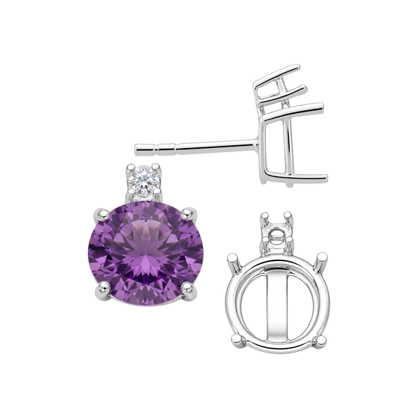 Round Four Prong Basket Earrings with One Accent with Push Post