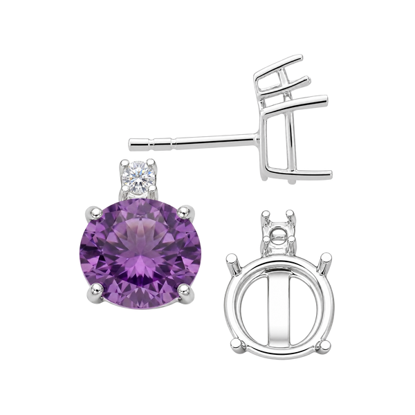 Round Four Prong Basket Earrings with One Accent with Push Post
