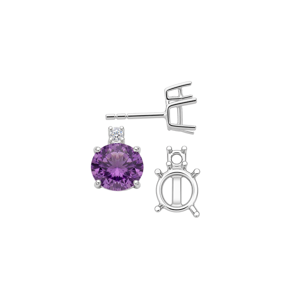 Round Four Prong Basket Earrings with One Accent with Push Post