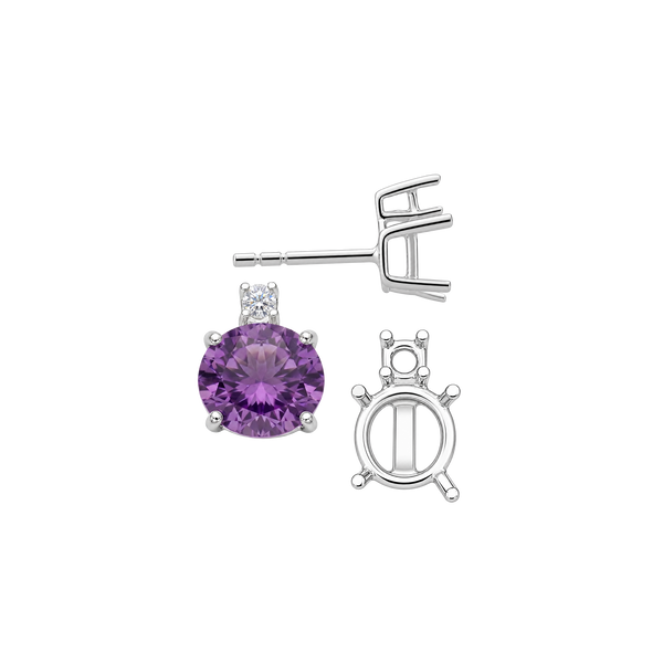Round Four Prong Basket Earrings with One Accent with Push Post
