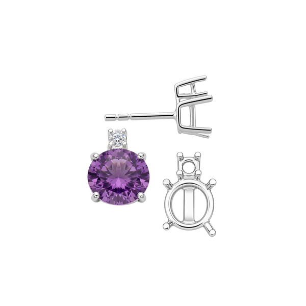 Round Four Prong Basket Earrings with One Accent with Push Post