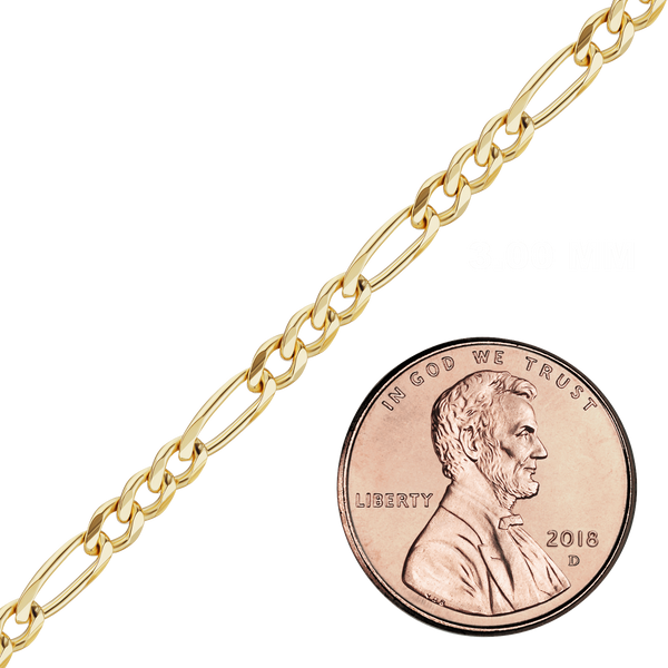 Bulk / Spooled Classic Figaro Semi-Solid Chain in 14K Yellow Gold (1.80 mm - 6.60 mm)