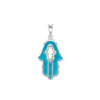 ITI NYC Hamsa Pendant with Blue Enamel and Cubic Zirconia in Sterling Silver