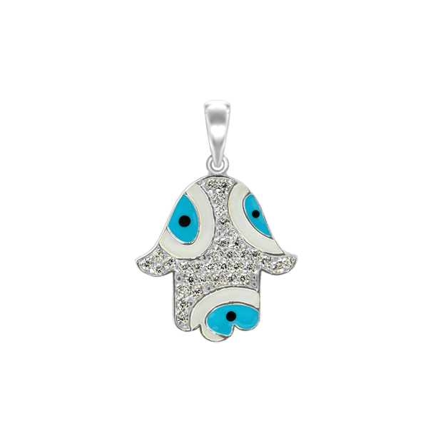 ITI NYC Hamsa Pendant with Evil Eye with Blue Enamel in Sterling Silver