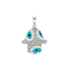 Load image into Gallery viewer, ITI NYC Hamsa Pendant with Evil Eye with Blue Enamel in Sterling Silver
