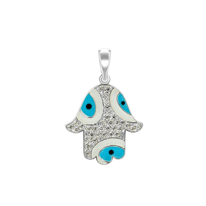 ITI NYC Hamsa Pendant with Evil Eye with Blue Enamel in Sterling Silver