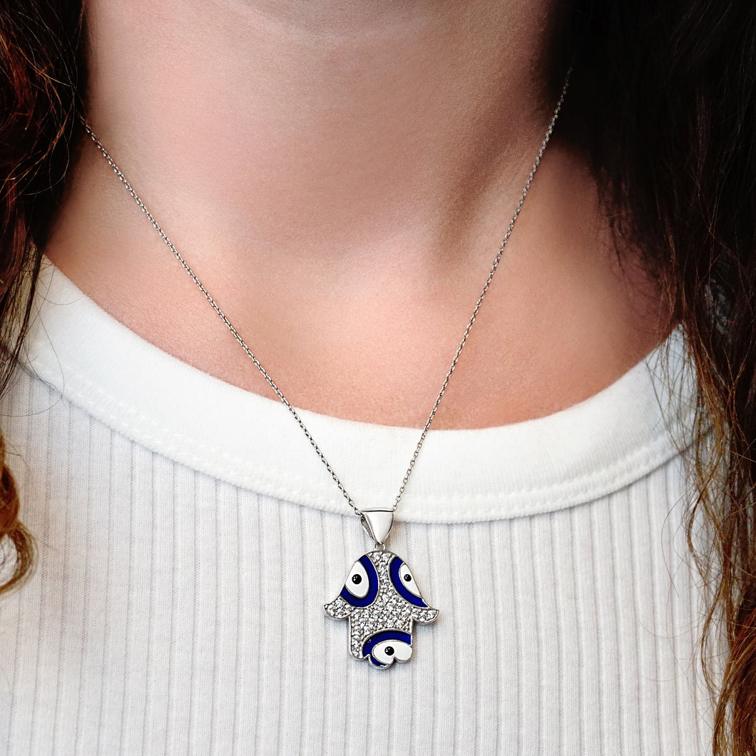 ITI NYC Hamsa Pendant with Evil Eye with Black and White Enamel in Sterling Silver