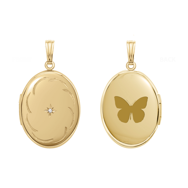Oval Locket with Diamonds and Filigree Etching in 14K Gold Filled with Optional Engraving (25 x 20 mm)