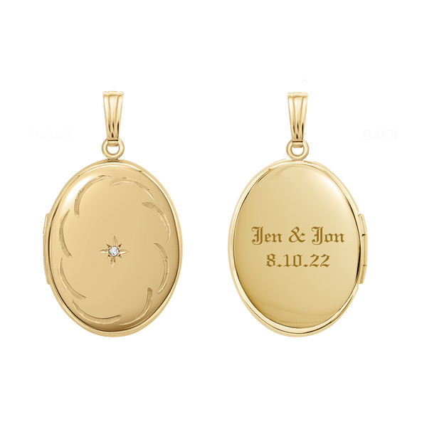 Oval Locket with Diamonds and Filigree Etching in 14K Gold Filled with Optional Engraving (25 x 20 mm)