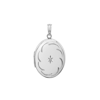 Hand Engraved Design Oval Locket with Diamonds in Sterling Silver with Optional Engraving (25 x 20 mm)