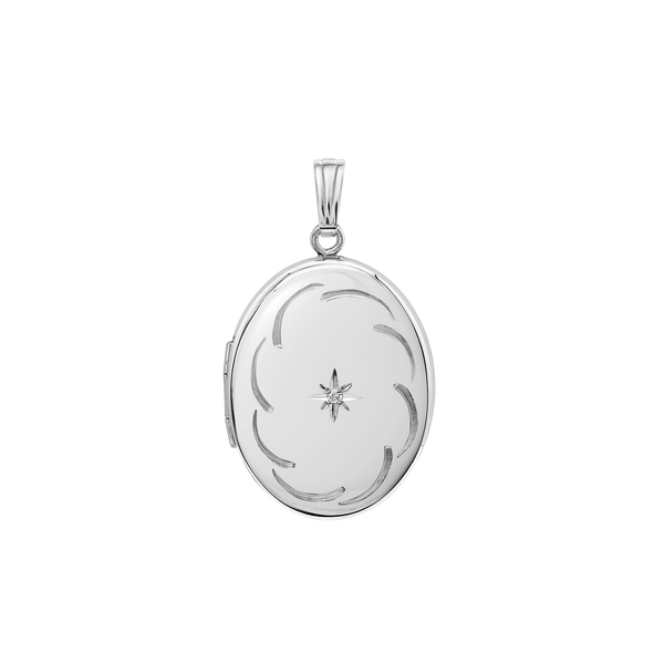 Hand Engraved Design Oval Locket with Diamonds in Sterling Silver with Optional Engraving (25 x 20 mm)