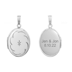 ITI NYC Hand Engraved Design Oval Locket with Diamonds in Sterling Silver with Optional Engraving (34 x 20 mm)