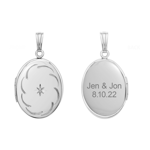 Hand Engraved Design Oval Locket with Diamonds in Sterling Silver with Optional Engraving (25 x 20 mm)