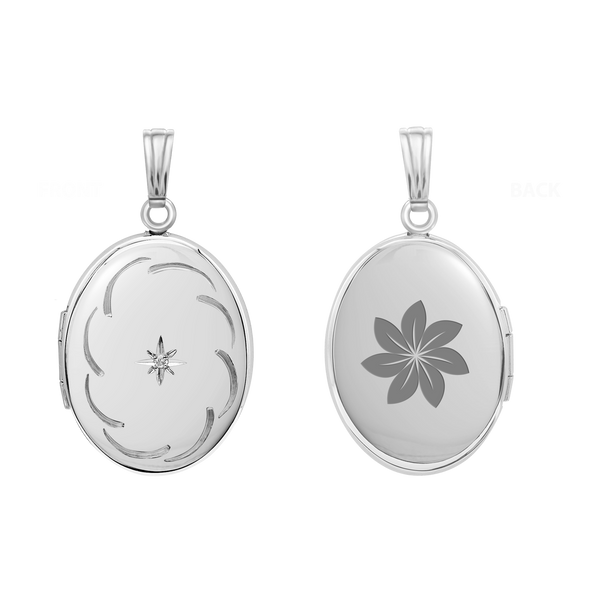 Hand Engraved Design Oval Locket with Diamonds in Sterling Silver with Optional Engraving (25 x 20 mm)