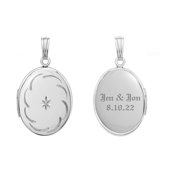Hand Engraved Design Oval Locket with Diamonds in Sterling Silver with Optional Engraving (25 x 20 mm)