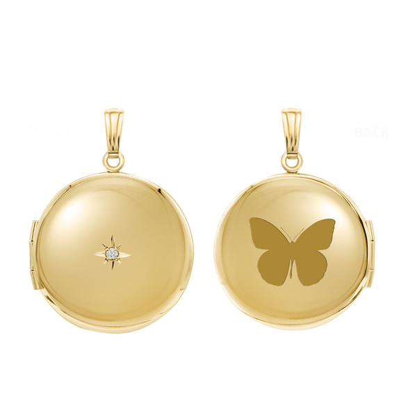 Round Locket with Diamonds in 14K Yellow Gold Optional Engraving (19 mm)