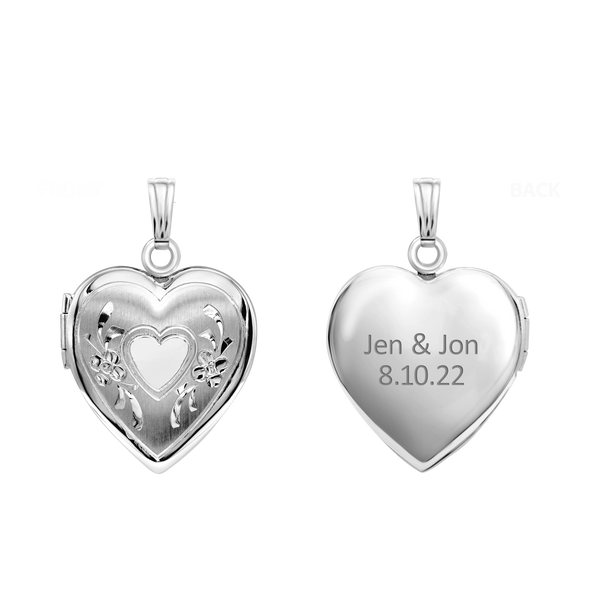 ITI NYC Hand Engraved Design Heart Locket in Sterling Silver with Optional Engraving (22 x 15 mm)