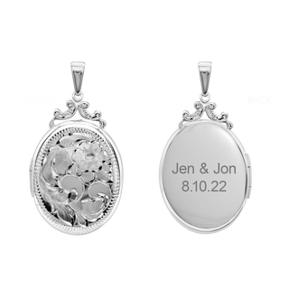 ITI NYC Hand Engraved Design Oval Locket in Sterling Silver with Optional Engraving (35 x 24 mm)