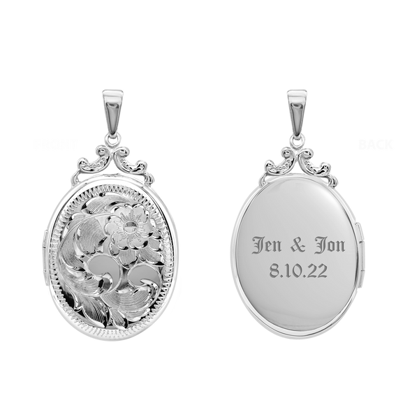 Hand Engraved Design Oval Locket in Sterling Silver  with Optional Engraving (29 x 23 mm)