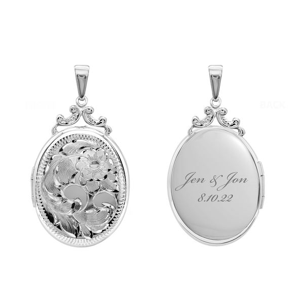 Hand Engraved Design Oval Locket in Sterling Silver  with Optional Engraving (29 x 23 mm)