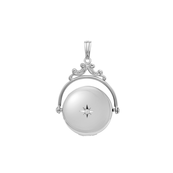 Antique Design Round Locket with Diamonds in Sterling Silver with Optional Engraving (19 mm)