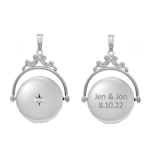Antique Design Round Locket with Diamonds in Sterling Silver with Optional Engraving (19 mm)