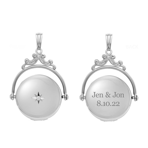Antique Design Round Locket with Diamonds in Sterling Silver with Optional Engraving (19 mm)