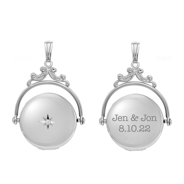 Antique Design Round Locket with Diamonds in Sterling Silver with Optional Engraving (19 mm)