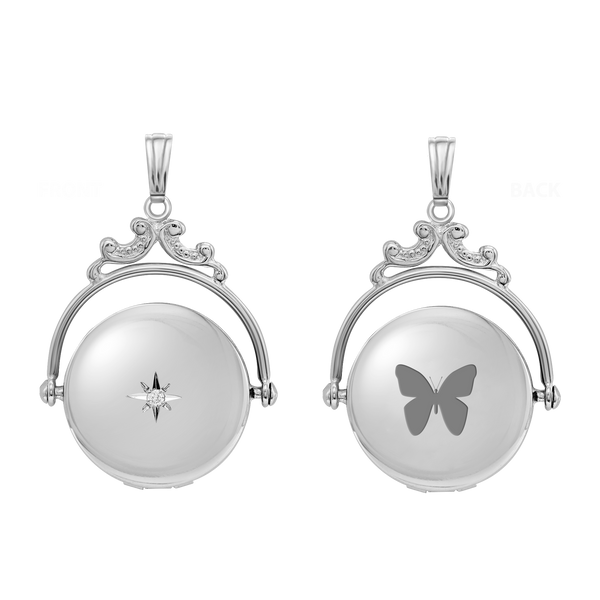 Antique Design Round Locket with Diamonds in Sterling Silver with Optional Engraving (19 mm)