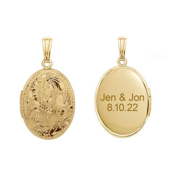 Hand Engraved Design Oval Locket in 14K Gold Filled with Optional Engraving (21 x 16 mm)