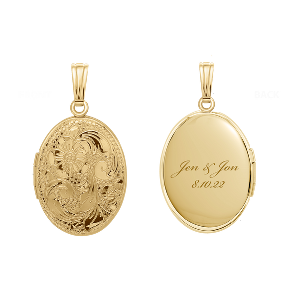 Hand Engraved Design Oval Locket in 14K Gold Filled with Optional Engraving (21 x 16 mm)
