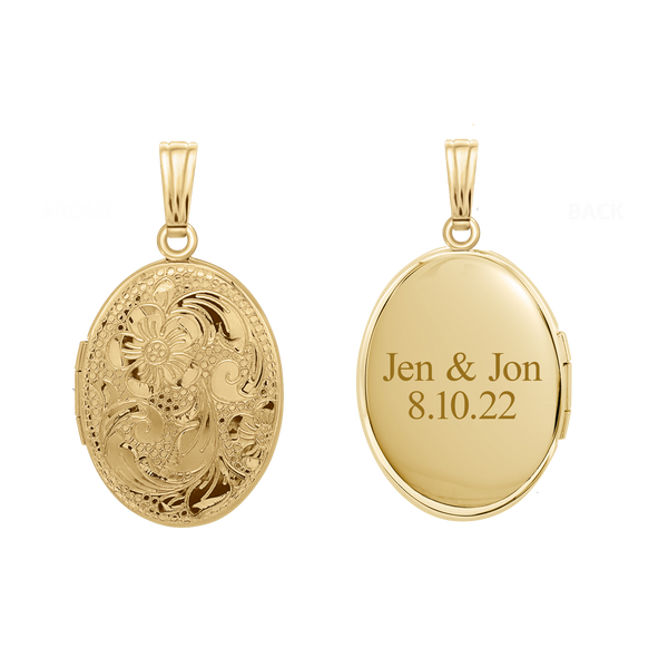 Hand Engraved Design Oval Locket in 14K Gold Filled with Optional Engraving (21 x 16 mm)