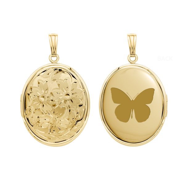 Hand Engraved Design Oval Locket in 14K Gold Filled with Optional Engraving (37 x 30 mm)