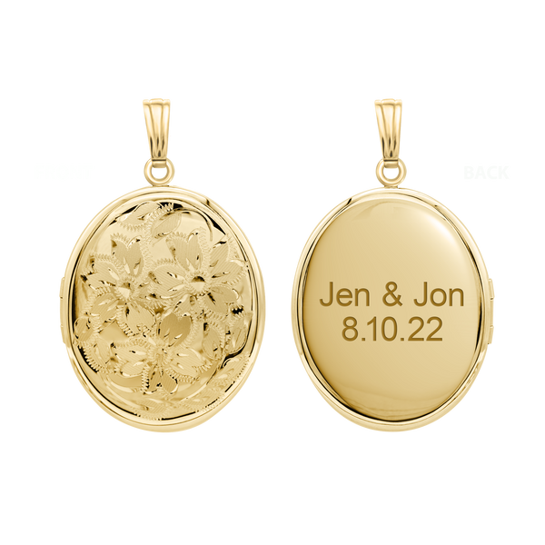 Hand Engraved Design Oval Locket in 14K Gold Filled with Optional Engraving (37 x 30 mm)