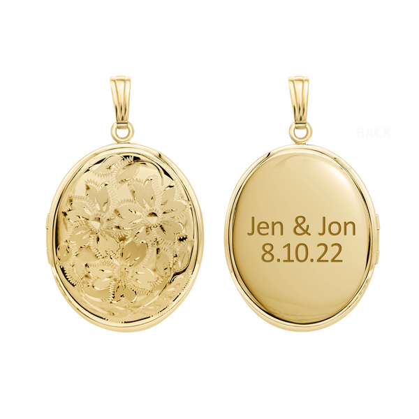 Hand Engraved Design Oval Locket in 14K Gold Filled with Optional Engraving (37 x 30 mm)