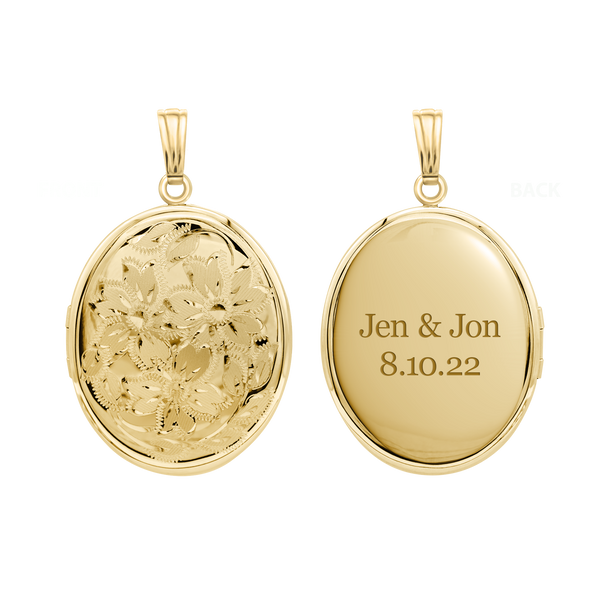 Hand Engraved Design Oval Locket in 14K Gold Filled with Optional Engraving (37 x 30 mm)