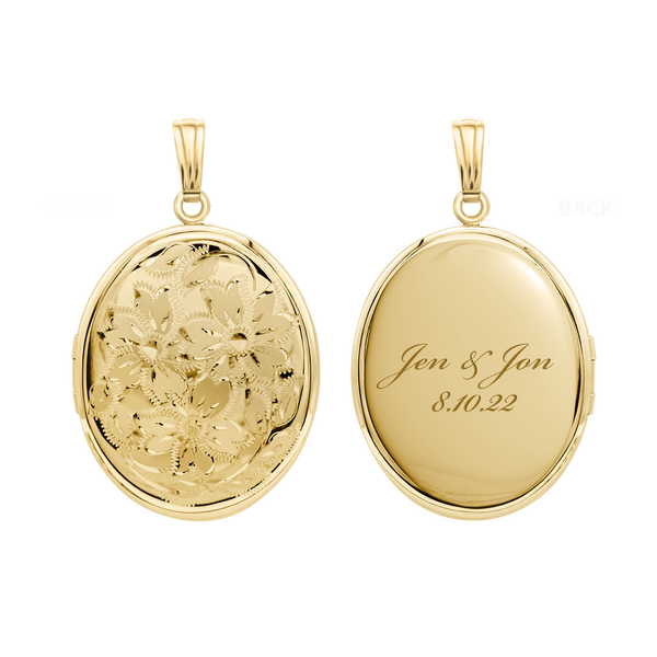Hand Engraved Design Oval Locket in 14K Gold Filled with Optional Engraving (37 x 30 mm)