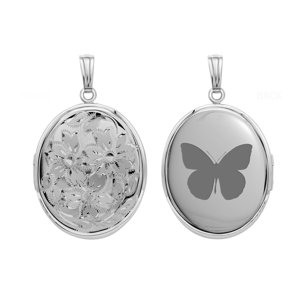 Hand Engraved Design Oval Locket in Sterling Silver with Optional Engraving (37 x 30 mm)