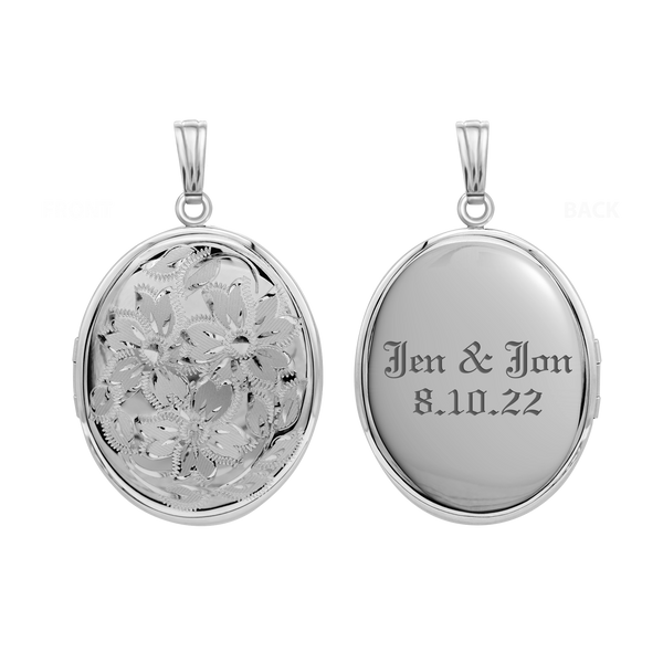 Hand Engraved Design Oval Locket in Sterling Silver with Optional Engraving (37 x 30 mm)