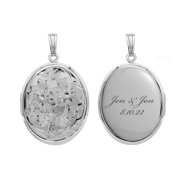 Hand Engraved Design Oval Locket in Sterling Silver with Optional Engraving (37 x 30 mm)