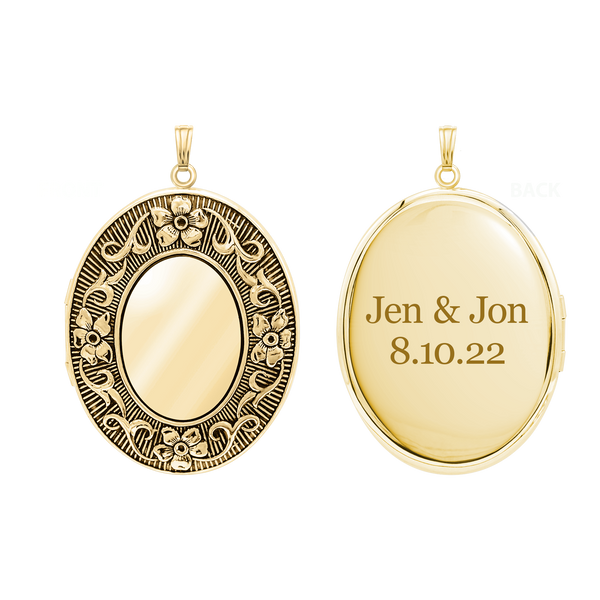 Antique Finish Embossed Oval Locket in 14K Gold Filled with Optional Engraving (29 x 23 mm - 48 x 39 mm)
