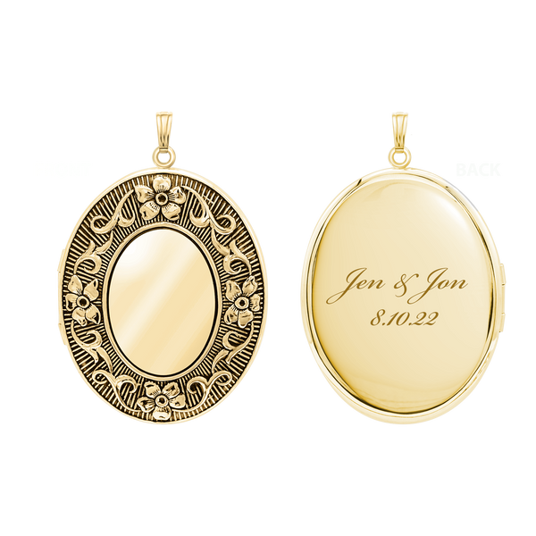Antique Finish Embossed Oval Locket in 14K Gold Filled with Optional Engraving (29 x 23 mm - 48 x 39 mm)